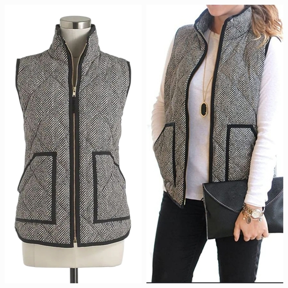J.Crew Herringbone Excursion Quilted Puffer Vest XS Black White Classic - Picture 1 of 10